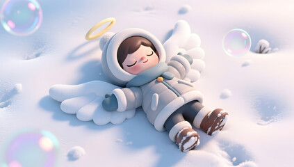 Child lying in the snow creating a snow angel