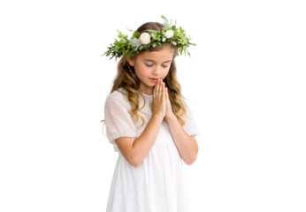 Young girl in white dress praying with flower crown, isolated on a transparent background