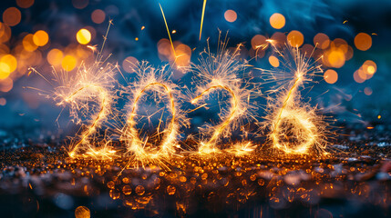 2026 Happy New Year Greeting Card. Year 2026 in sparkler font and firework