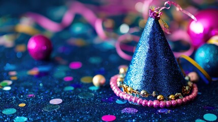 Sparkly blue celebration hat rests among colorful festive decorations on a glittery surface