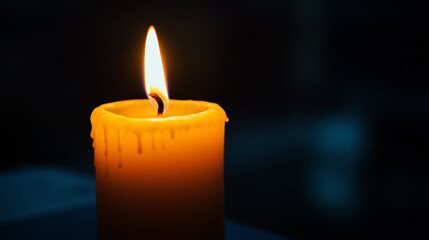 Yellow candle light burn against black background. Golden light of candle flame