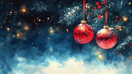 Watercolor Christmas decoration on background. Merry Christmas and happy New Year background