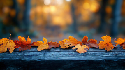 Orange maple leaves on a branch with bokeh in the background.