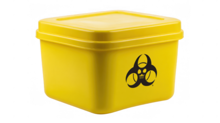 Closed yellow biohazard medical waste container standing on a transparent background, representing safe disposal of hazardous materials in healthcare or laboratory settings
