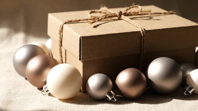 Natural Kraft Gift Box with Twine and Christmas Ornaments, Cozy Holiday Still Life 3D Render for Seasonal Branding, Eco-Friendly Packaging, Festive Promotion and Gift Concept