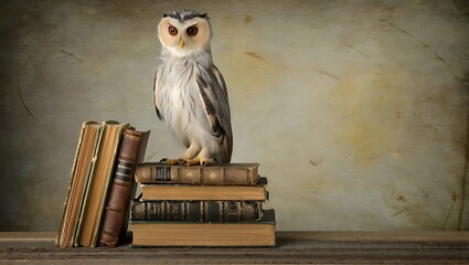 White owl perched on old leatherbound books on wooden table