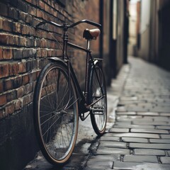 Vintage bicycle leaning against brick wall in alley.