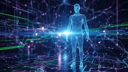 Futuristic Human Digital Avatar in a High-Tech Virtual Environment Emphasizing Technology and