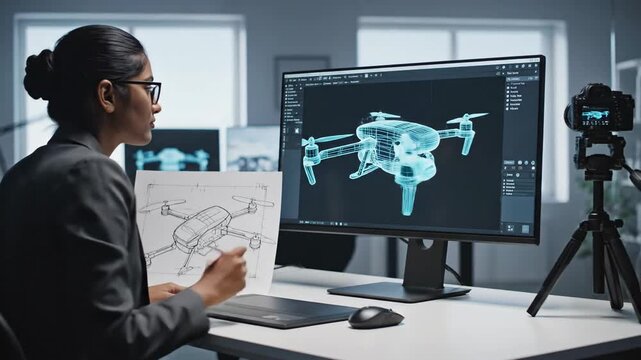 Woman Engineer Designs Drone On Computer Screen In Modern Office With Blue Holographic Model And Technical Drawings Scattered Across Desk