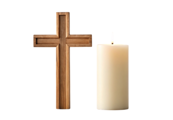 Simple wooden cross with white pillar candle religious memorial display, isolated on a transparent background