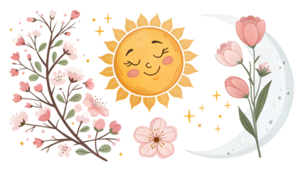 Cheerful sun and white crescent moon illustration adorned with pink cherry blossoms and spring floral elements