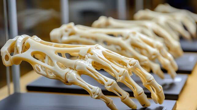 Close-up of several anatomical hand models displayed on dark stands. - Powered by Adobe
