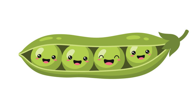 Four cute kawaii peas smiling and winking together inside a green pea pod, a cheerful and healthy vegetable character illustration.
