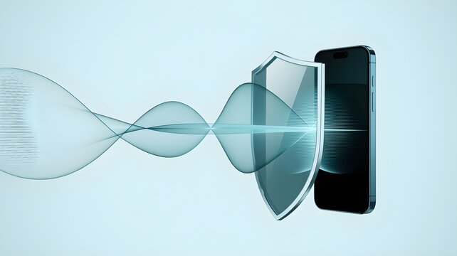 Smartphone protected by transparent shield deflecting electromagnetic wave, symbolizing emf blocker and mobile radiation protection.