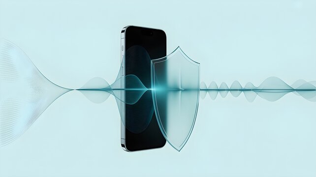 Smartphone beside shield blocking electromagnetic wave, symbolizing emf blocker protection and signal shielding.