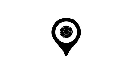 Animated black location pin icon with a soccer ball symbol representing sports stadiums football pitches and athletic venues on a white background.
 - Powered by Adobe