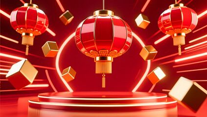 Neon-styled abstract stage for Chinese New Year