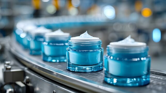 Conveyor line of premium cosmetic cream jars moving through a clean industrial factory setting with a soft blue and white palette.