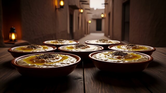 Ceramic bowls of Saudi Harees and Jareesh on a wooden table in historic Diraiya at night