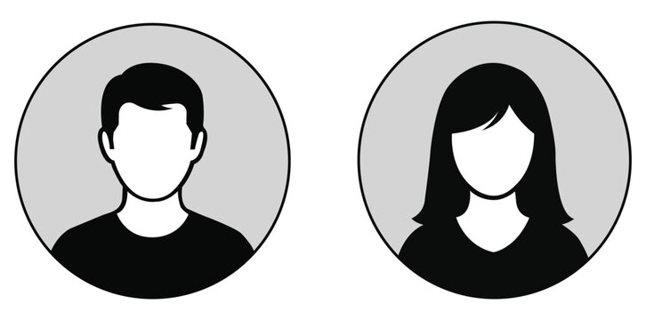 Silhouette Portraits Minimalist grayscale portraits capture the essence of a male and female figure within circular frames, embodying the concept of anonymous representation. 