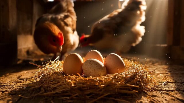 Fresh chicken eggs in nest with warm sunlight