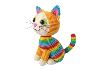 Colorful rainbow striped crocheted cat toy sitting with whiskers, isolated on a transparent background
