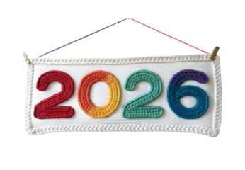 Crocheted 2026 wall banner with colorful gradient rainbow numbers hanging, isolated on a transparent background
