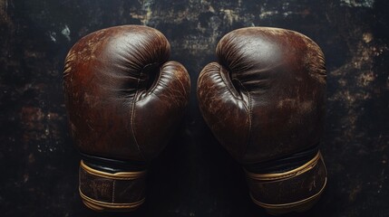 Close-up image of old, used boxing gloves on a surface. The leather has sweat stains, dirt marks, and scuffing indicative of heavy use in combat sports.