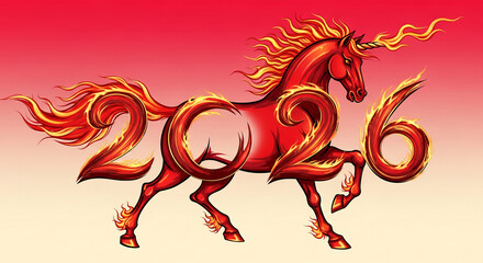 Red unicorn illustration with fiery mane and tail, body forming number 2016, symbolizing energy, power, and fantasy, ideal for mythical themes