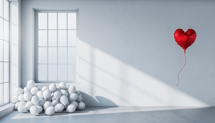 Minimalist interior with scattered white spheres and a floating red heart-shaped balloon in