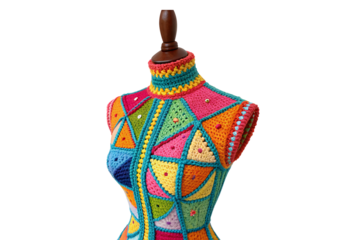 Colorful crocheted triangular patchwork vest on wooden mannequin display form, isolated on a transparent background