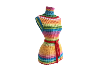 Rainbow striped crocheted dress form cover with red belt tie, isolated on a transparent background