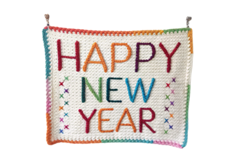 HAPPY NEW YEAR crocheted white pouch with rainbow border confetti, isolated on a transparent background