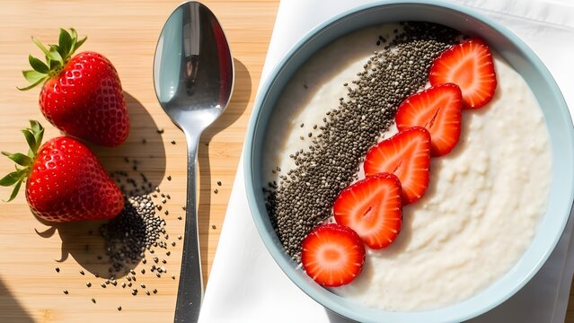 A healthy and delicious breakfast bowl featuring creamy yogurt with fresh strawberries and chia seeds - Powered by Adobe
