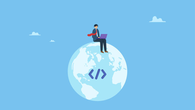 Software engineer coding on laptop sitting on globe with coding symbol. Website development, www application coding, technology create online cyberspace software connect through the internet.