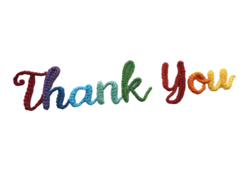 Thank You rainbow cursive crocheted script letters in gradient colors, isolated on a transparent background