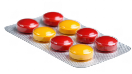Colorful pills and capsules arranged in a blister pack sit on a transparent background, showcasing different types of medication for pharmaceutical or healthcare concepts