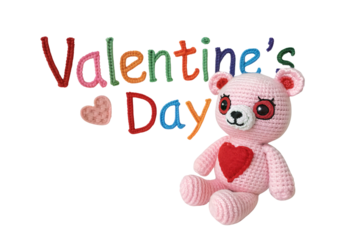 Valentine's Day colorful text with pink crocheted teddy bear holding heart, isolated on a transparent background