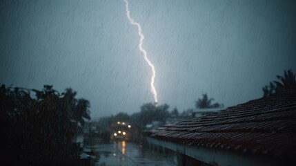 Powerful lightning bolt striking near a residential roof during a dark heavy rainstorm with sheets of rain and moody cinematic lighting.