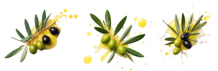 Olive branch with oil splashes isolated on a transparent background

