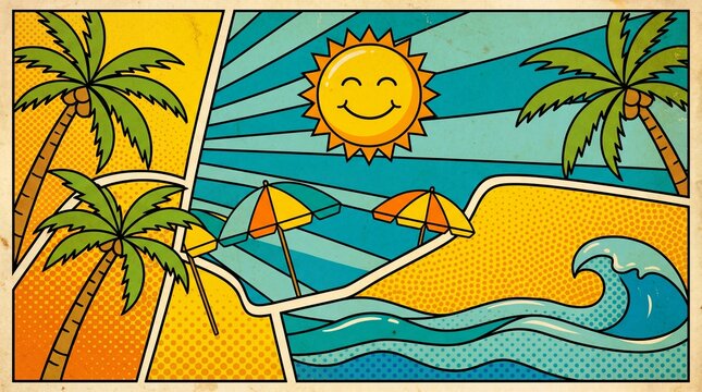 Retro pop art tropical beach scene with smiling sun, palm trees, ocean waves and umbrellas, comic style summer holiday illustration for travel and vacation design.