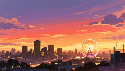 Japanese city skyline at dusk with ferris wheel