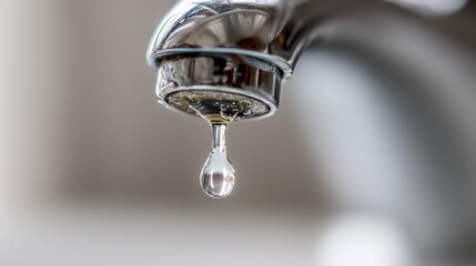 Macro photograph of a single water droplet hanging from a polished faucet with selective focus
