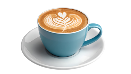 Light blue ceramic coffee mug with saucer and fresh espresso latte art isolated on transparent background.