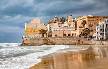 Low season in Sitges city, gloomy cold weather, Spain