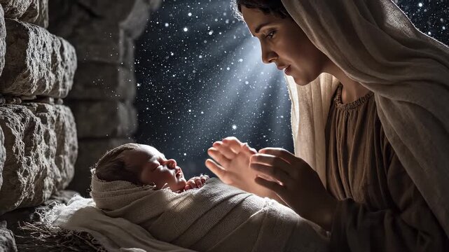 Christian Christmas concept - Virgin Mary praying over the newborn Jesus. The Birth of Jesus &mdash; a biblical scene, devotion cinematic AI-generated video