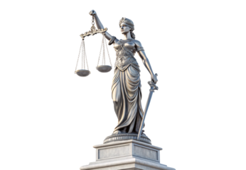 Lady Justice statue holding scales and sword on stone pedestal monument, isolated on a transparent background