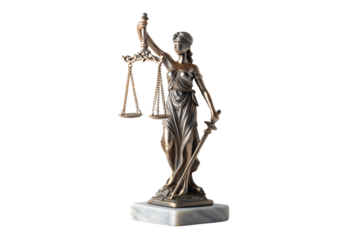 Bronze Lady Justice figurine holding scales sword on white marble base, isolated on a transparent background
