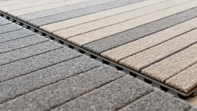 Flexible flooring installation with modular carpet planks being aligned smoothly on a clean floor surface.