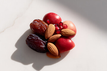 tu bishvat fruit display, circular composition of tu bishvat fruits figs, dates, pomegranate, almonds in flat lay, bright natural light, elegant styling